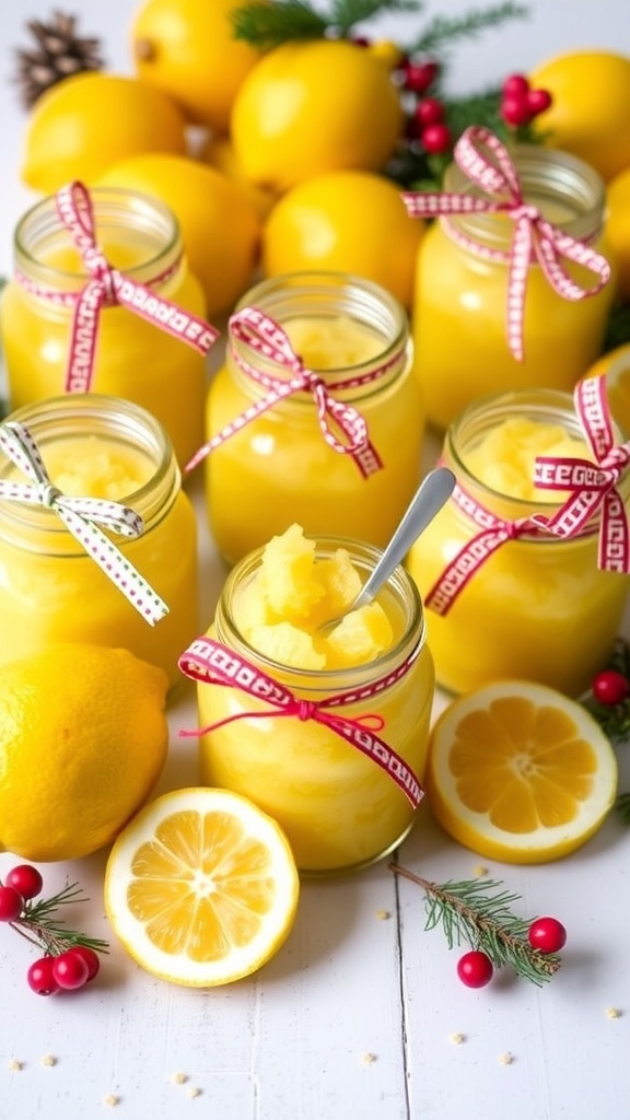 Homemade lemon sugar scrub in jars with lemons and festive ribbons.